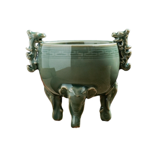 东方泥土越窑青瓷象足龙耳香炉摆件禅意鼎式三足供奉上香陶瓷香插