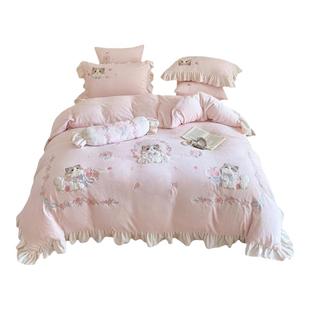 冬季少女可爱卡通加厚牛奶绒四件套珊瑚绒被套床单公主风床上用品