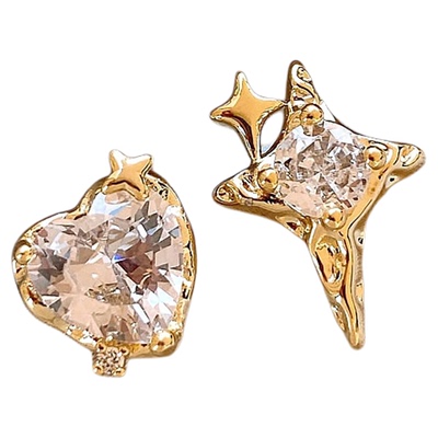 金色不对称爱心锆石耳钉秋冬耳饰