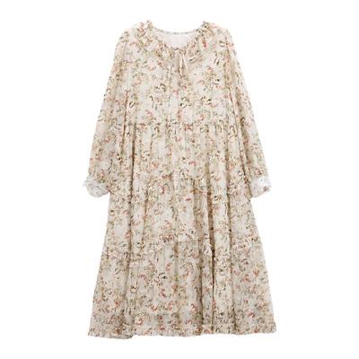 芭依璐2026春装新款碎花雪纺连衣裙长袖收腰气质法式韩版荷叶边女