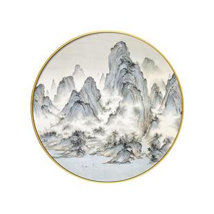 新中式入户玄关装饰画客厅走廊圆形意境山水挂画茶室餐厅禅意壁画