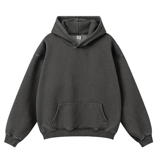 332G加绒水洗做旧纯色卫衣男连帽衫潮牌侃爷美式高街基础宽松上衣