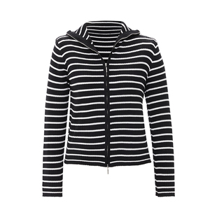 IAmMIX27简约双拉链针织开衫女百搭撞色黑白竖坑条条纹绵羊毛上衣