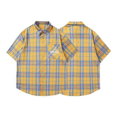 3KU夫妇夏季潮流黄色格子短袖衬衫外套男女情侣宽松休闲衬衣潮牌