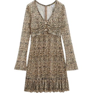 bebe春夏女士V领印花抽皱珠片缀饰豹纹连衣裙150016