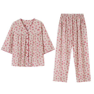 睡衣女士春夏梭织棉七分袖家居服