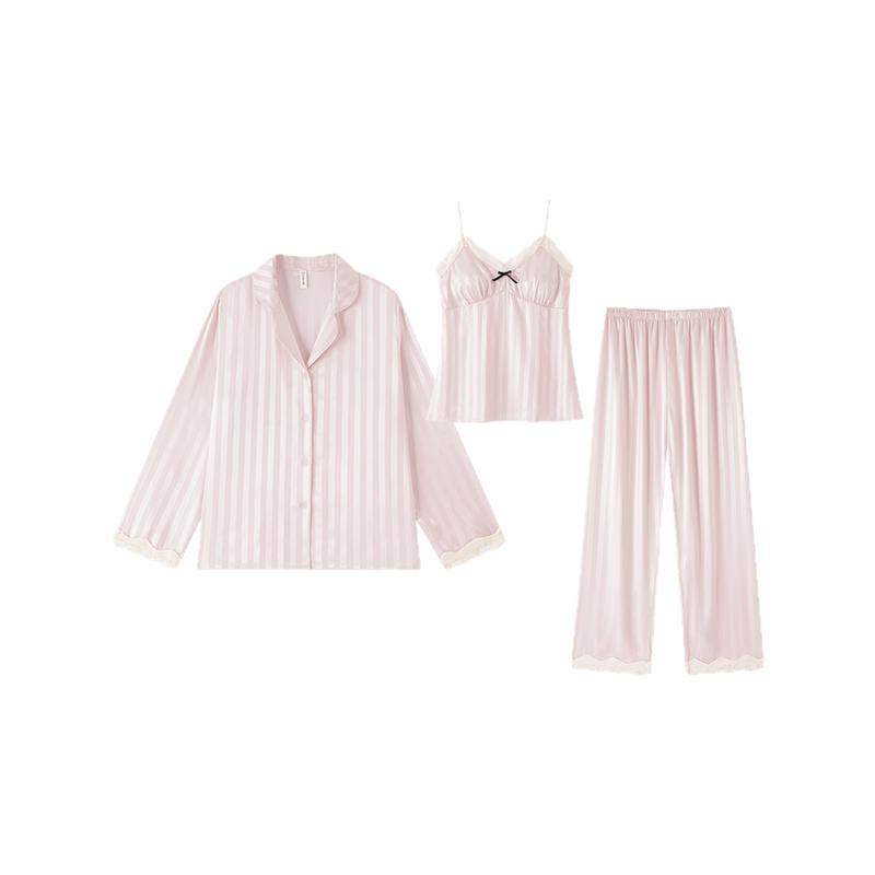 冰丝睡衣女秋春三件套带胸垫性感吊带秋季女士家居服丝绸高级感夏