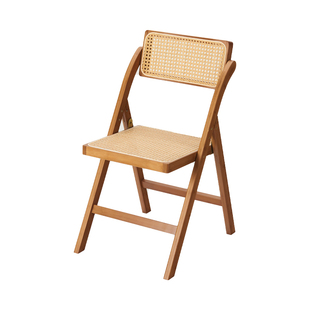 侘寂风藤编餐椅楠竹实木家用轻奢高级靠背折叠椅子北欧原木风凳子