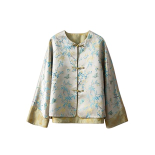 高定 双面穿国风宋锦真丝外套女新中式桑蚕丝宽松圆领盘扣开衫春