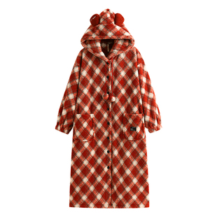 家乐芬睡袍女士睡衣秋冬款冬季半边绒加厚加绒连帽长款可外穿出门