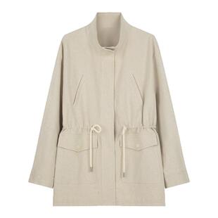 solighter 法式复古亚麻立领抽绳夹克外套女秋季新款宽松工装外套