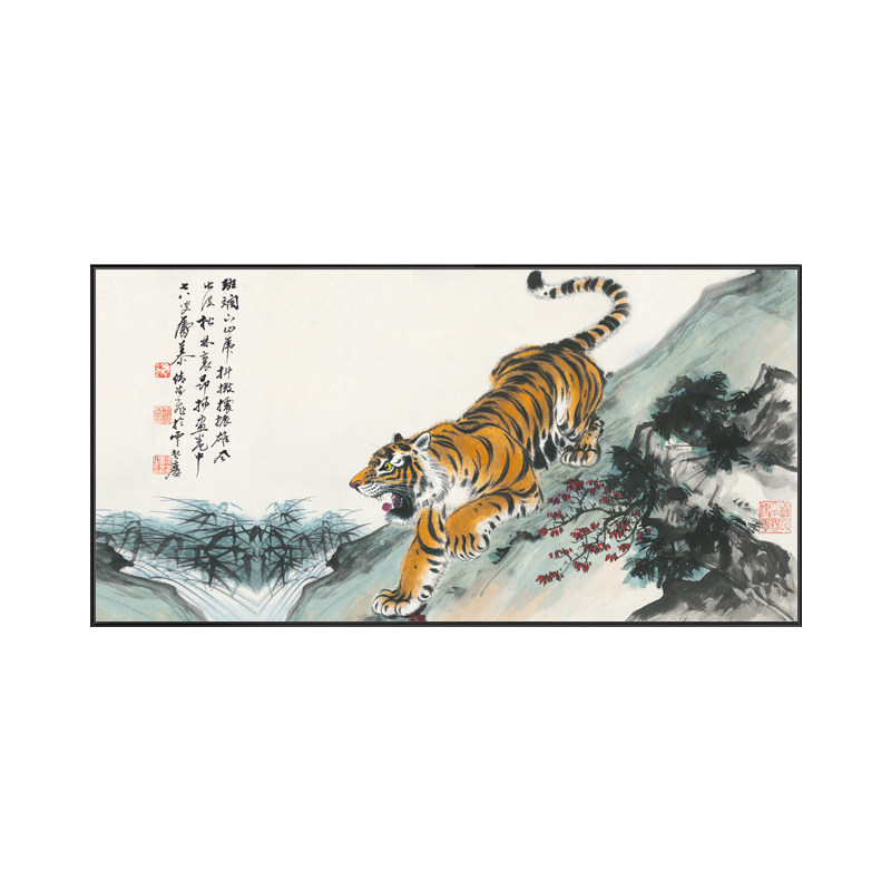 猛虎下山图挂画横幅老虎画新中式客厅办公室装饰画虎啸山林壁画