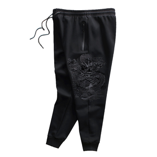 国风刺绣龙纹卫裤男士秋冬加绒纯棉休闲裤国潮龙图案宽松长裤子黑