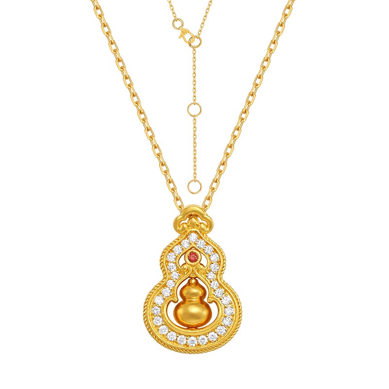 潮宏基繁星福佑黄金钻石项链足金红宝石套链颈饰5G金葫芦可转动 W