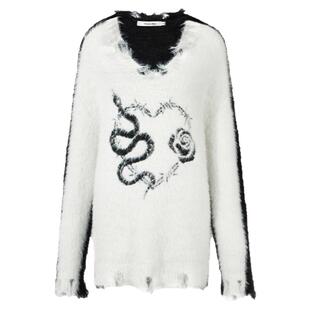 GUUKAHERO黑白拼接V领破洞毛衣女美式慵懒蛇形爱心软糯休闲针织衫