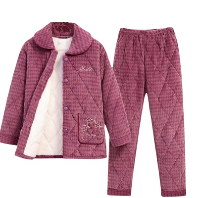 睡衣加厚冬三层夹棉女士家居服