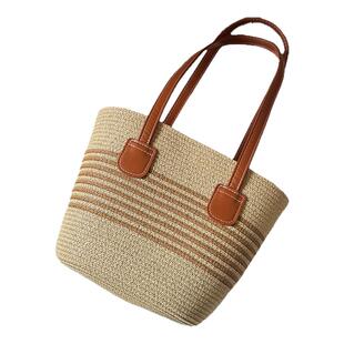 法式草编撞色线条单肩包海边沙滩编织包出行通勤大容量手提托特包