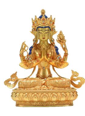 闯隆7寸四臂G音鎏金铜像摆件