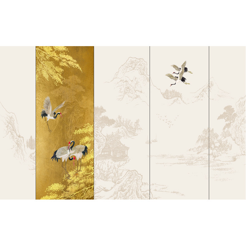 新中式禅意仙鹤山水硬包壁纸壁画