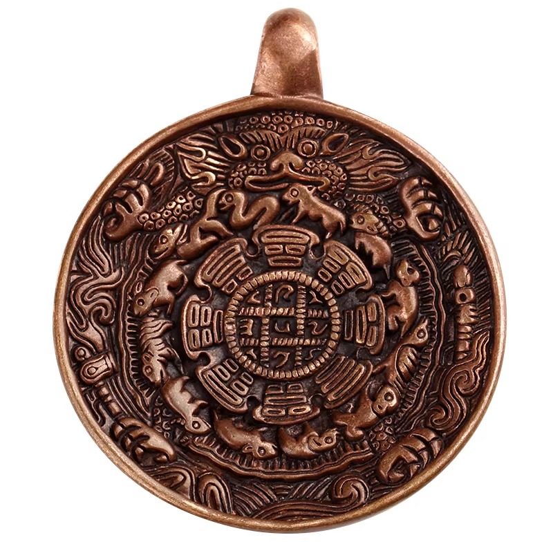 精品 紫利马铜黄铜藏传莲师文殊九宫八卦牌项链腰牌挂件