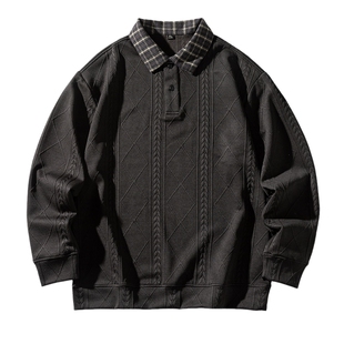 男士美式黑色卫衣男款2026新款提花上衣假两件POLO衫休闲外套潮牌