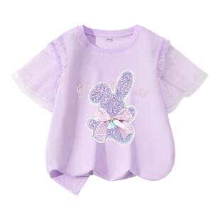 真维斯女童短袖t恤2026新款紫色甜美夏季上衣洋气时髦儿童半袖潮