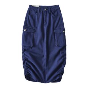 直筒修腿神裙~高及色调褶皱牛仔裙子高腰口袋工装半身裙潮流美式