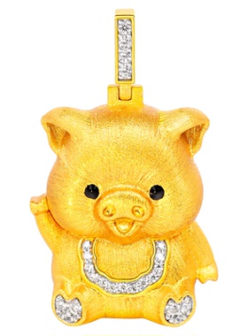 VISING珠宝【围兜猪】黄金色手工刻丝大金猪吊坠项链毛衣链S925银