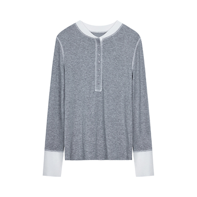 羊绒衫女亨利领拼色边针织上衣