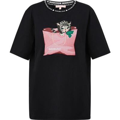 可爱猫咪刺绣圆领短袖休闲T恤