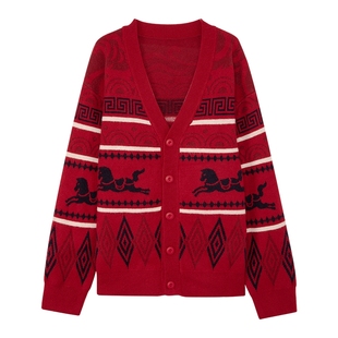 左西童装男童红色开衫毛衣加厚针织衫外套2025新款男大童新年衣服