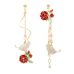 玫瑰花耳环女2025年新款珍珠流苏不对称长款猫咪S925纯银耳钉耳夹