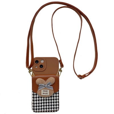 千鸟格兔子零钱包挂绳防摔手机壳