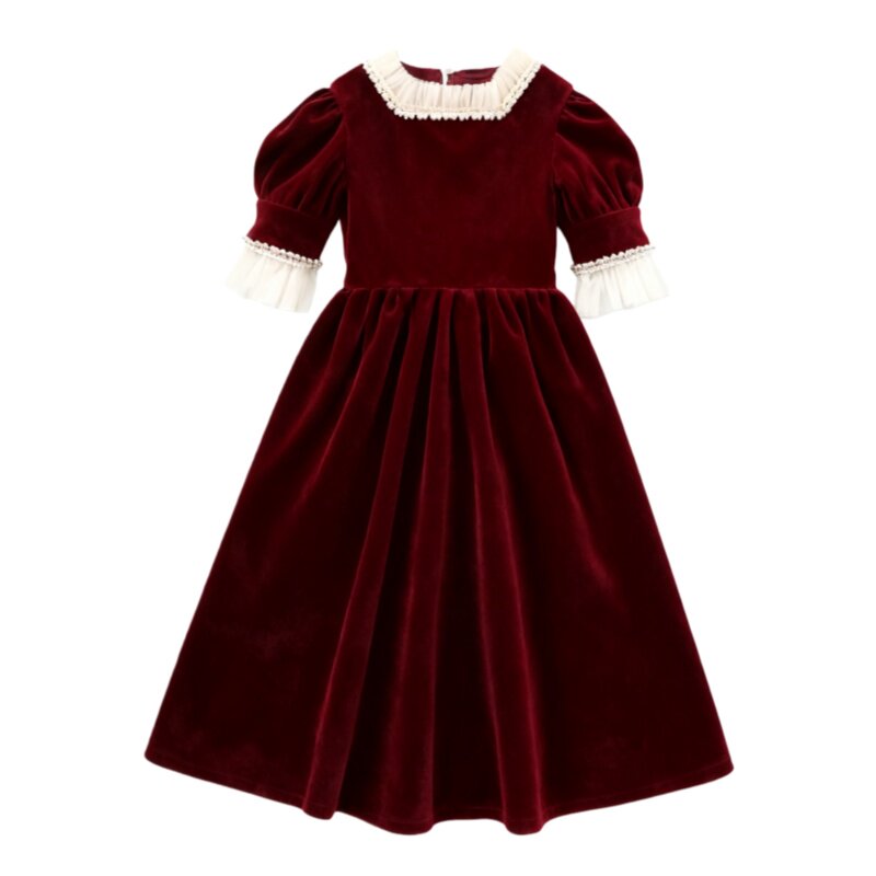 儿童高级生日公主裙女童暗酒红色绒面晚礼服长袖演出服主持表演裙
