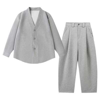 秋季新款简约风百搭时尚宽松个性复古慵懒感开衫长裤套装男女同款