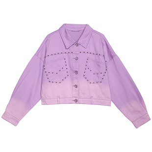 拓谷潮牌辣妹水洗彩色牛仔春季短款外套宽松高街铆钉夹克上衣女装