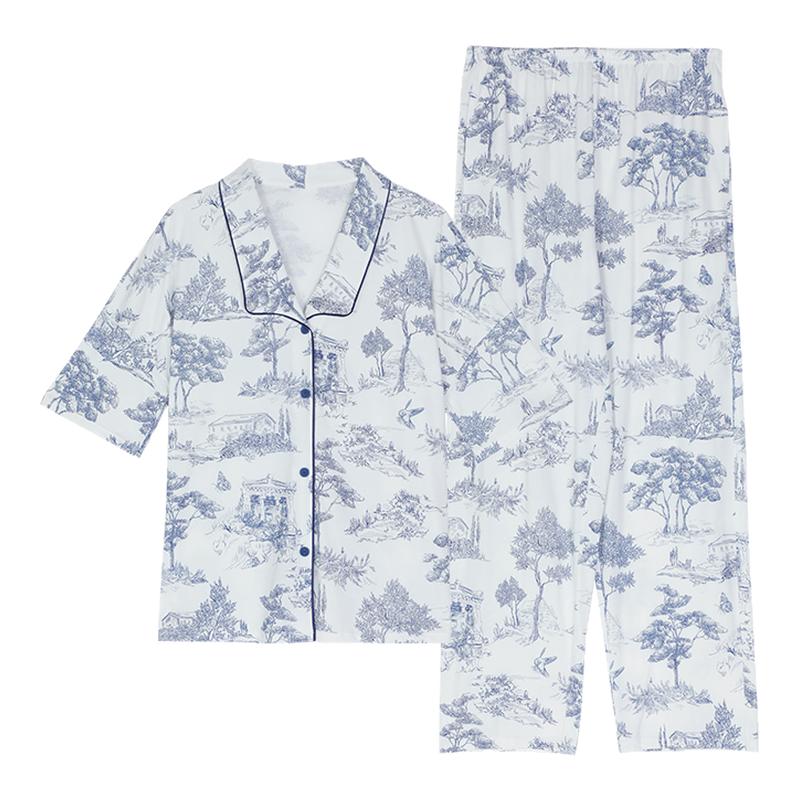 安莉芳专柜同款新品纯棉印花短袖小翻领两件套睡衣女士家居服套装