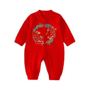 哇哇宝宝衣服百天男女新生婴儿满月周岁礼服宴席红色连体衣新中式