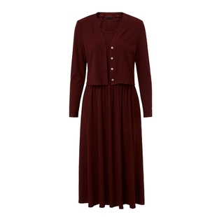 马天奴2025秋冬新款红色V领针织开衫圆领连衣裙子两件套装时尚女