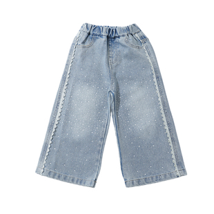 女童裤子春装2026新款超好看炸街儿童烫钻牛仔裤女宝宝春秋阔腿裤