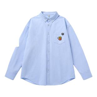 Hipanda你好熊猫蓝色cityboy日系文艺翻领长袖衬衫2026春纯棉衬衣