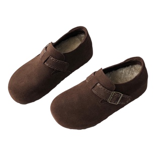 真皮加绒羊毛勃肯鞋女2025冬季女鞋休闲圆头厚底鞋防滑保暖懒人鞋