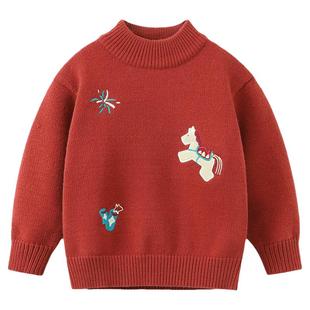 [半拉链力安同款]齐齐熊宝宝毛衣冬款男童红色高领儿童新年服马年