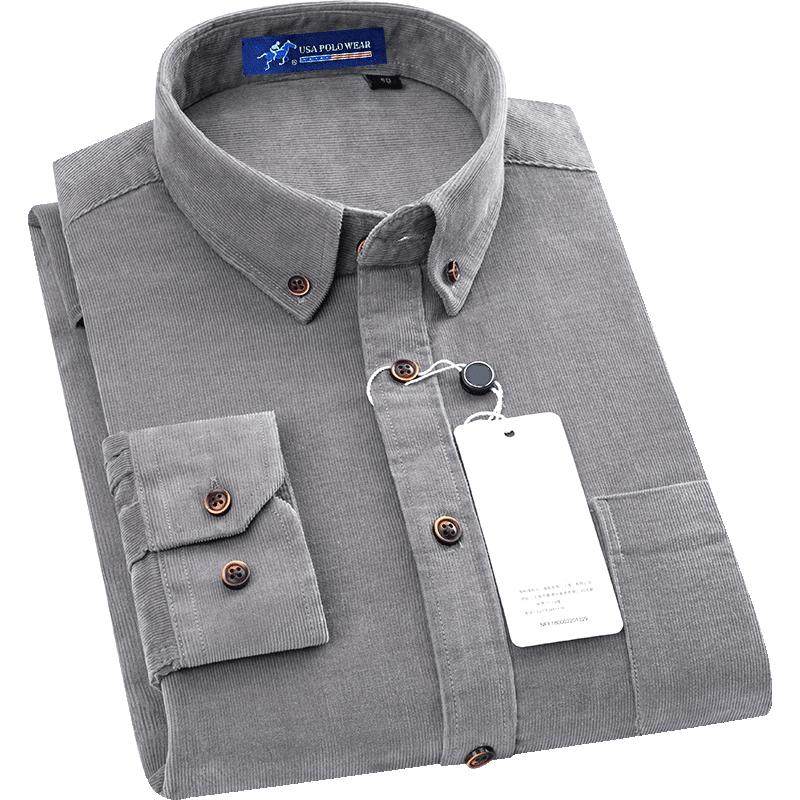 犸球保罗衬衫男长袖纯棉灯芯绒复古ins港风商务休闲宽松男士衬衣