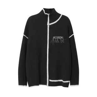 BLUREMO/模糊情绪冬季小众设计线条流苏字母百搭男女高领拉链开衫