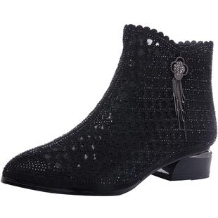 2025新款春季时尚大码女鞋40-43加绒平底44洞洞靴短靴粗跟女网靴