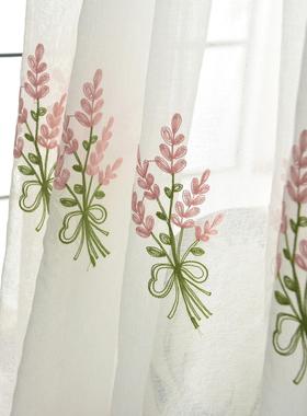 韩式田园刺绣窗纱纱帘白色底客厅飘窗窗帘短帘绣花半透纱隔断纱帘