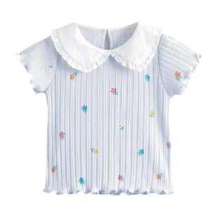 马克珍妮女童满底花卉娃娃领短袖T恤儿童纯棉上衣夏装新款