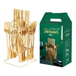 酒店新款不锈钢礼盒24件套装西餐牛排刀叉勺餐具跨境带餐厅架收纳