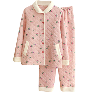 冬季保暖女士纯棉睡衣空气棉加厚三层夹棉秋冬长袖家居服套装加绒